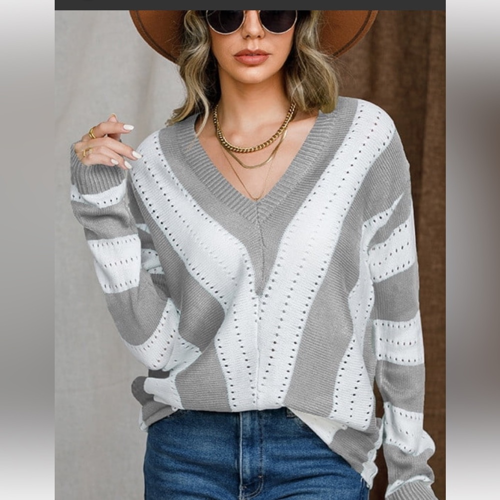 Consegnato Oversized V-Neck Chevron Animal Print Pointelle Sweater -L‎